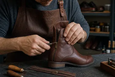 Sapateiro consertando zíper de bota com ferramentas apropriadas.