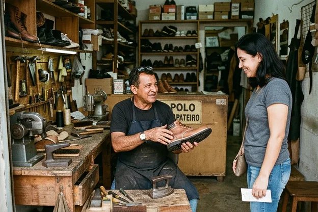Sapateiro conversando com cliente sobre serviços oferecidos.